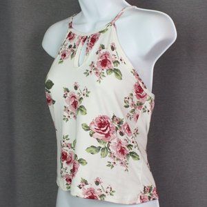 floral halter tank top cream pink keyhole neckline